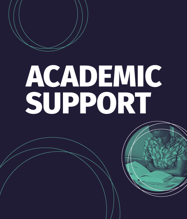 Blue background with the words Academic support