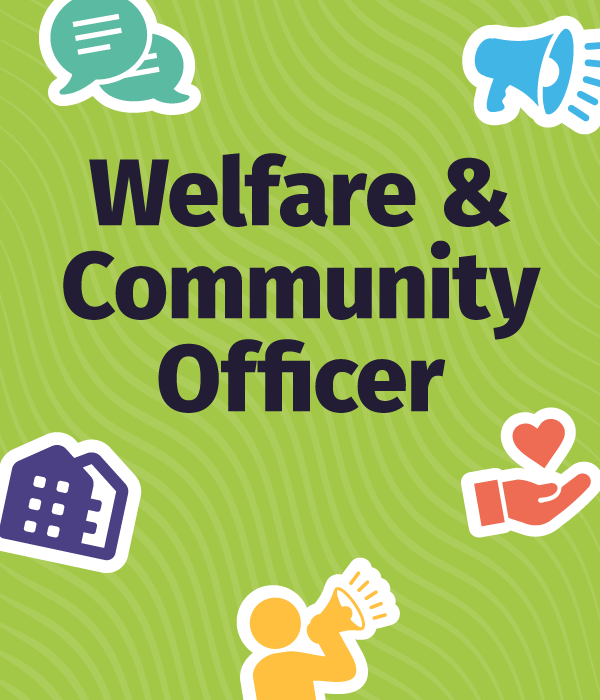 a green background with the words welfare and community officer