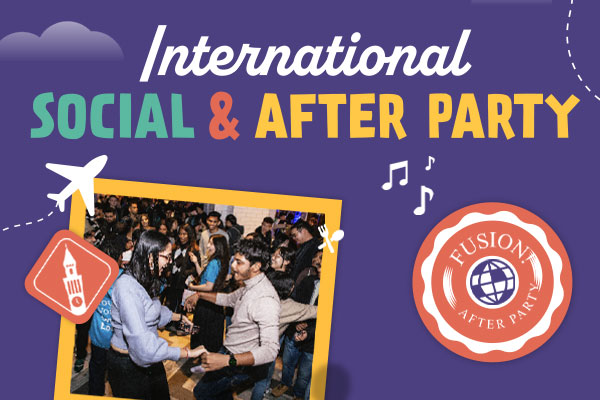 purple background with a photo of students dancing with the words international social & after party