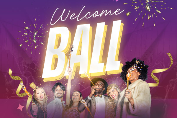 purple graphic that say welcome ball with students in dresses and suits